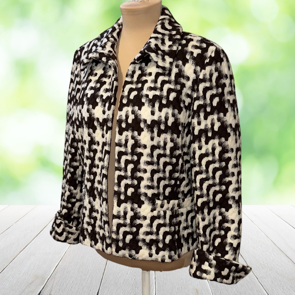ELLEN TRACY Wool Tweed Jacket Basketweave Lined Welt Pockets Black Cream Sz 14